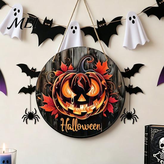 Rustic Fall Wall Plaque Halloween Wooden Door Hanger Sign, Flame Pumpkin Maple Leaf Printed Round Hanging Plaque, Vintage Style Holiday Sign