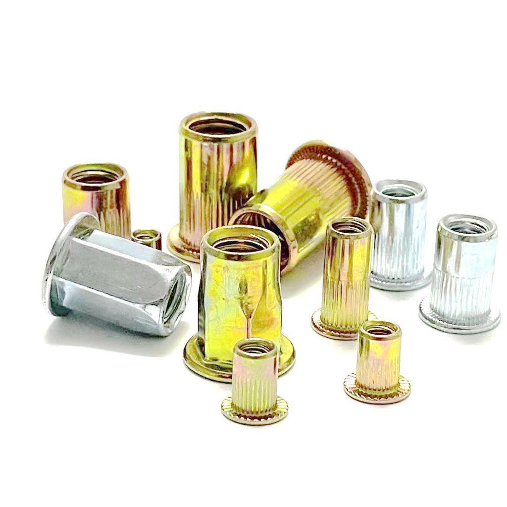 M10x1.0 Flat Head Fine Thread Ribbed Rivet Nut with Pull Cap