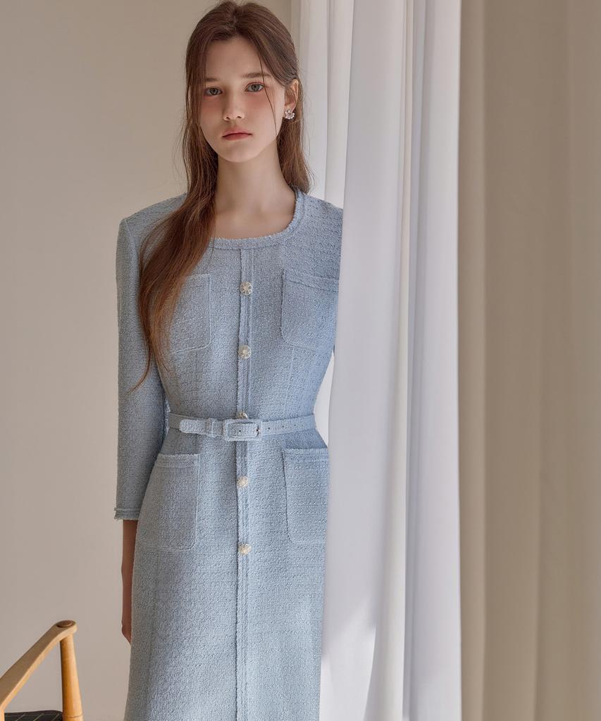 Julie And Kara 26Ss Calla136 Shebigins Bella Tweed Dress Sky Blue