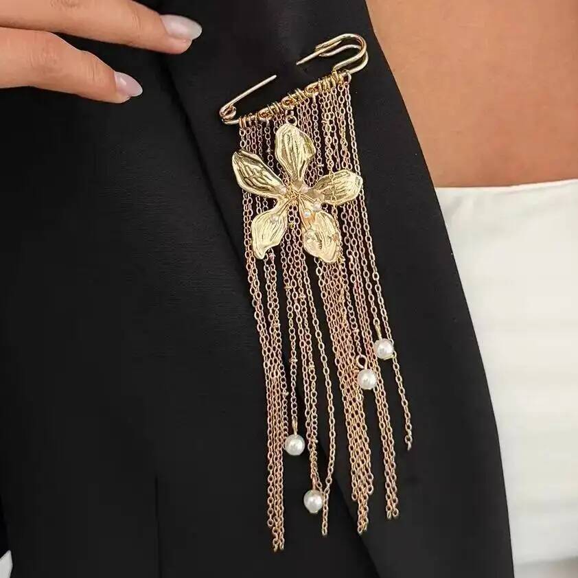 SHIXIN Fashion Metal Flower Pendant Brooch for Women New Charm Multi-Functional Imitation Pearls Tassel Chain Accessory Jewelry