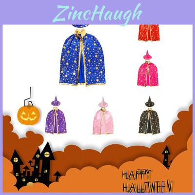 Halloween Wizard Cape Witch Cloak Kids Costume With Star Pattern And Hat For Cosplay Party