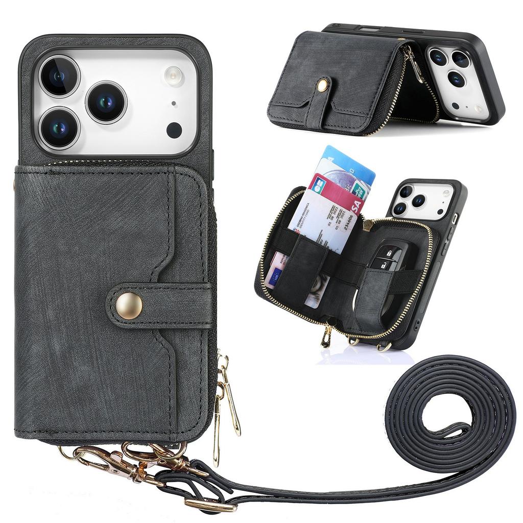 For iPhone 17 Pro Max PU Leather Phone Back Cover with Zipper Card Holder and Long Strap