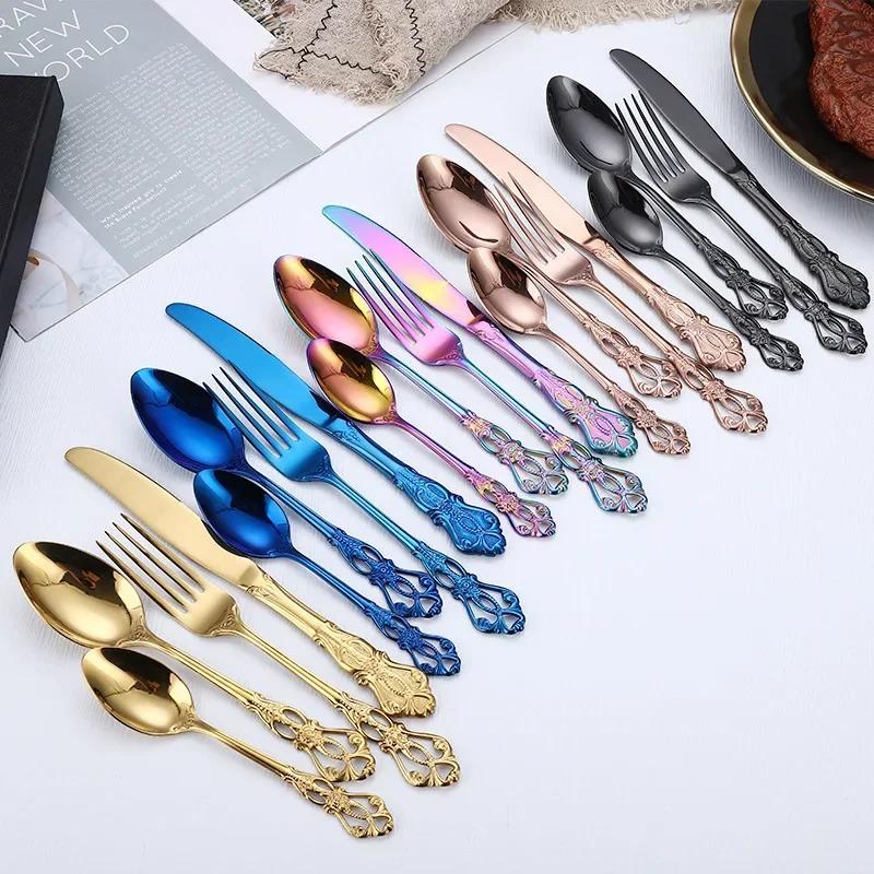 4pcs Gold Stainless Steel Cutlery Set Royal European Spoon Fork And Steak Knife Retro Hollow Design Dinnerware Luxury Tableware