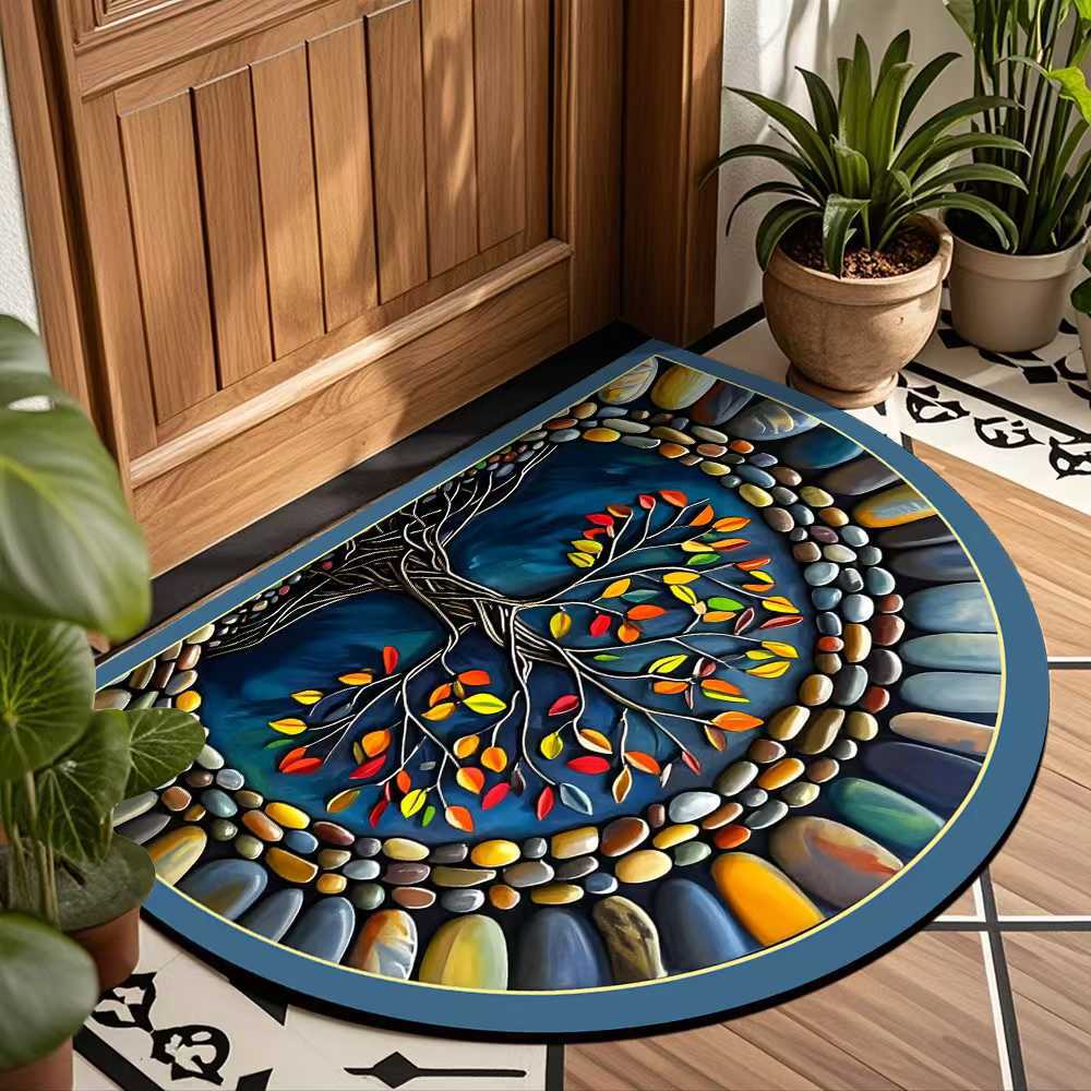 Retro Semi-circular Floor Mat, Entrance Foyer Carpet, Dirt-resistant and Easy-to-maintain Crystal Velvet Floor Mat