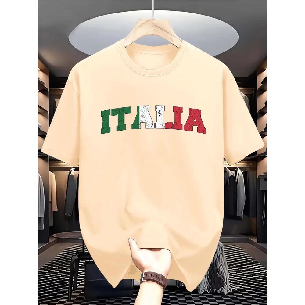 Summer Men's 100% Pure Cotton Fashionable Casual Loose Italian Letter Printed Sporty Round-neck Short-sleeved T-shirt Top