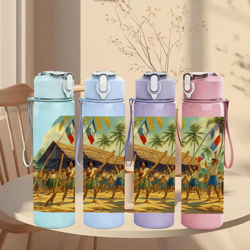1PC Tropical Beach Hut Landscape 750ml Color Plastic Sports Water Bottle Leakproof Flip Straw Lid For Sports Office Home Use