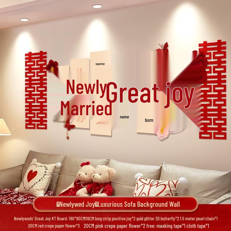 Wedding Decoration Set: Sofa Background, Bedroom Bedside, and Double Happiness Board for Groom's New House