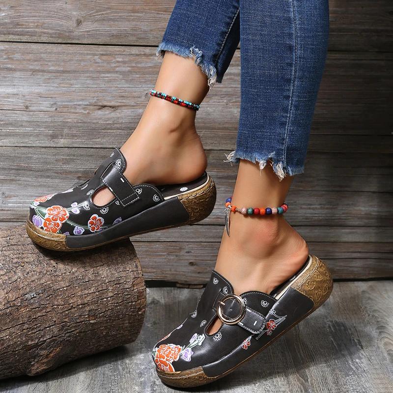 Women Print Flower Slippers Summer Fashion Flat Bottom Sandals Women Candy Color Flower Ethnic Style Slippers