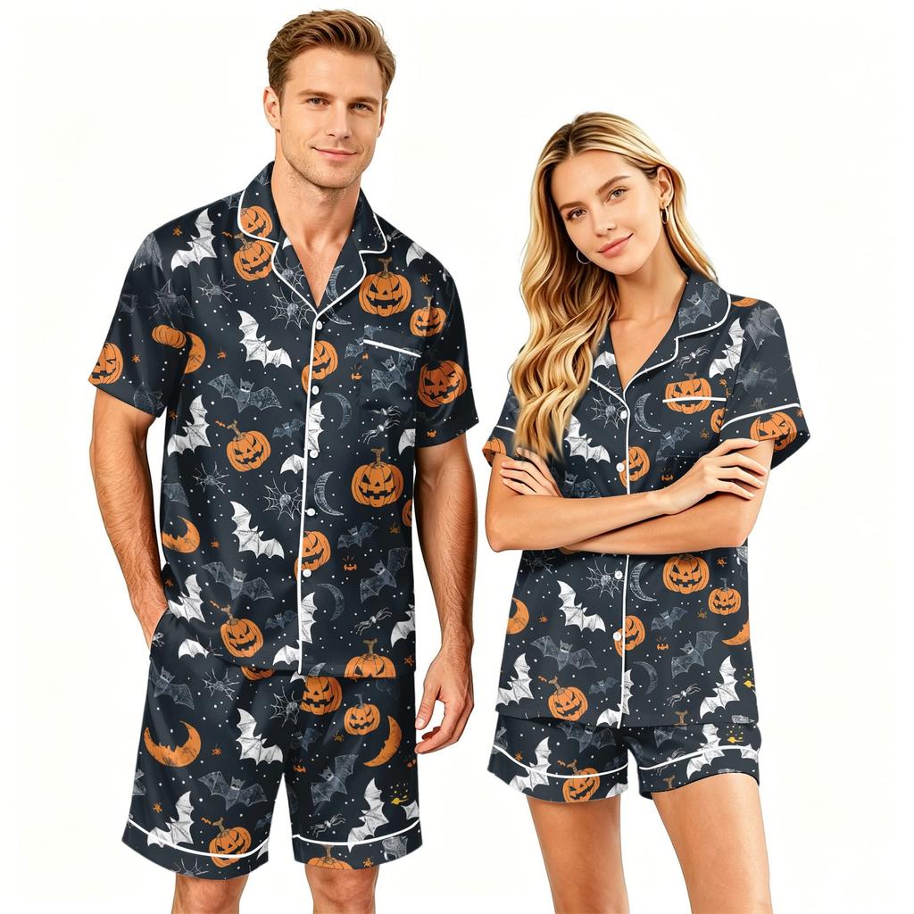 Couple Halloween Pajama Set Short Sleeve Button Down Shirt with Shorts Soft Casual Sleepwear S-XXXXL Matching Outfits for Men and Women