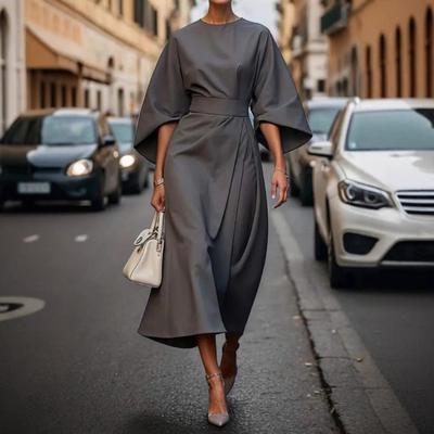 Women Dress Slim Waist Solid Color Dolman Sleeves Midi Dress Calf Length Evening Dress Round Neck Long Dress for Commuting Party Dating