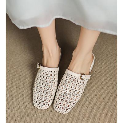 Schaffell-Version~ 3 cm dicke Absatz-Slipper Damen Sommer Outdoor gewebt hohl atmungsaktives Loch halbe Pantoletten Fischer-Sandalen