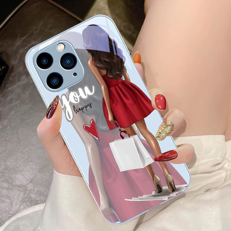 Shopping Cartoon Girl For IPhone 15 Pro 14 13 12 Mini 11 XS Max XR 7 8 Plu SE 2020 2022 Tempered Glass Phone Case