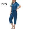 2-teiliges Set aus Seidenpyjama mit Revers und Button-Down-Langarmhemd, elastischer Bund, weites Bein, verkürzte Hose, Homewear, lässiges Outfit, Frühlingsnachtwäsche
