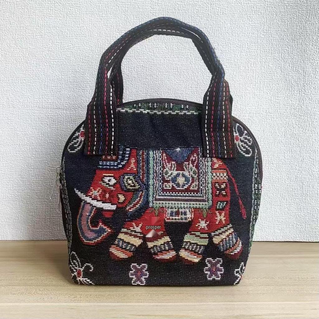 Embroidered Ethnic Canvas Handbag for Women: Shell-Shaped Purse with Jacquard Design