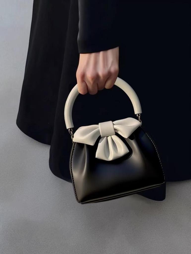 Women's Black Bow Pleated Color Block Handbag - 2025 French Chic