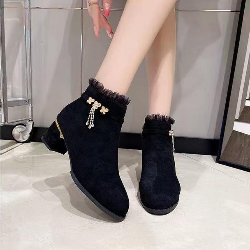 

Осенне-зимние красные матовые женские короткие ботинки из мягкой кожи, с круглым носком и толстым каблуком, ботинки Мартин, бархатные теплые ботинки на среднем каблуке 34 чёрный