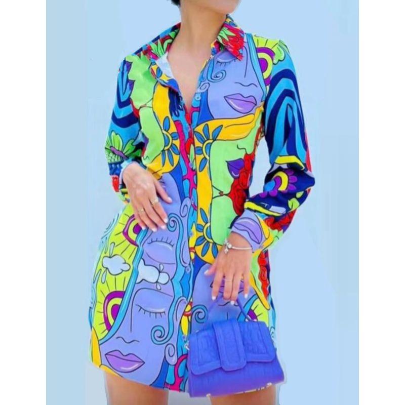 

Fashion Style Summer Amazon Cross-Border Fashion Print Mid Length Long Length Tops Shirt Loose Casual Women s Shirt Blue 2XL