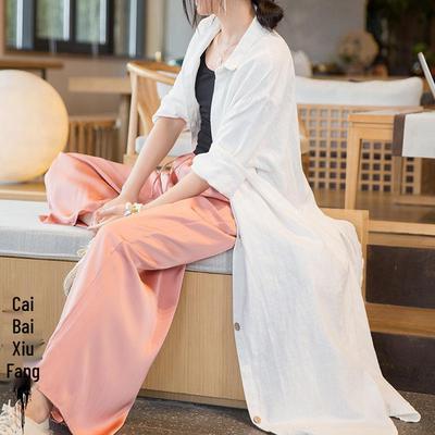Women's Distressed Ramie Trench Coat: Casual, Slimming, and Elegant Long Cardigan