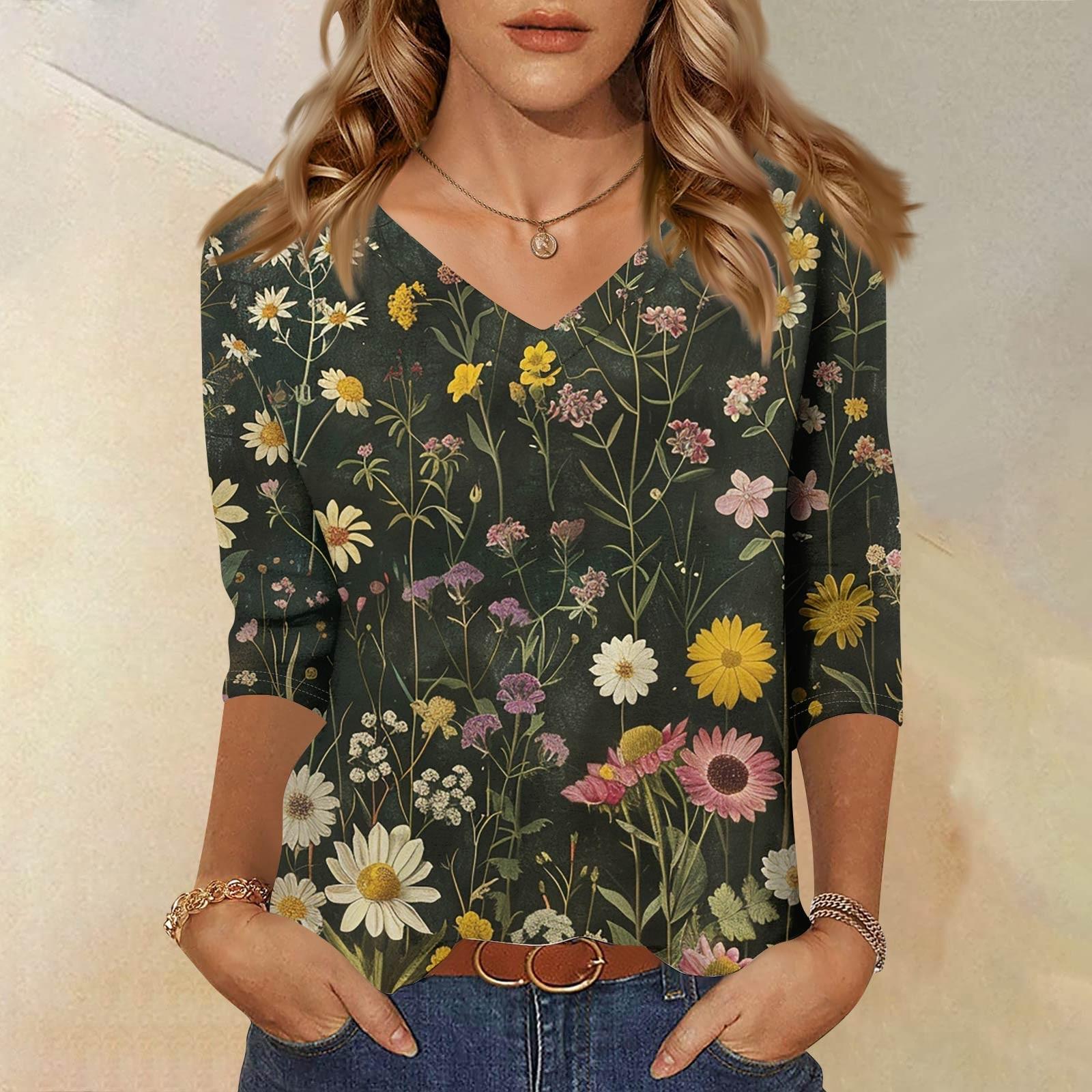 

Жіночі топи Сорочка з рукавом три чверті Вільна повсякденна сорочка з V-подібним вирізом Футболка з квітковим принтом L