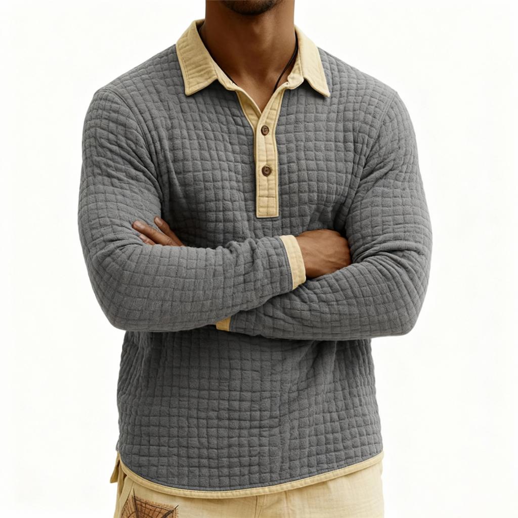 Men's Quilted Knit Color-blocked Pullover Button-down Top
