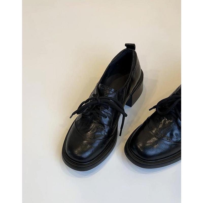 Lan Cabinet~ 2025 Autumn British retro round head lace-up loafers commuting versatile thick heel small leather shoes women's single shoes