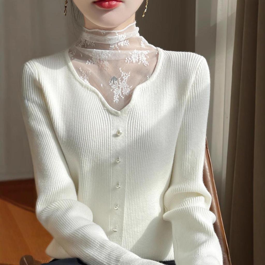Women's Lace Patchwork Turtleneck Sweater - European & American Style for Spring/Autumn