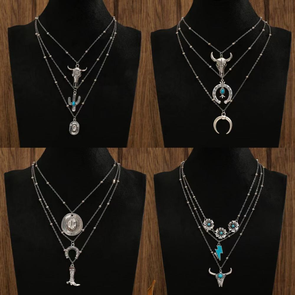 3pcs Set Bohemian Retro Inlay Turquoise Cactus Ox Head Pendant Beaded Multi-layer Necklace for Women Fashion Personality Jewelry