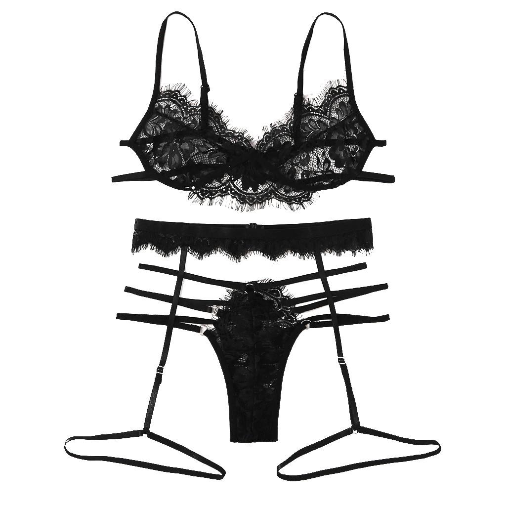 New Women Sexy Lace Bra Bandage Thong Garter Sleepwear Black Lingerie Set S-XL