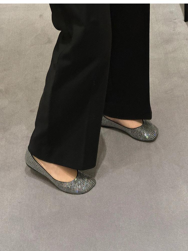 Leather French Mary Jane Women's Shoes Shallow Mouth Rhinestone Single Shoes Women's New Flat Grandma Shoes