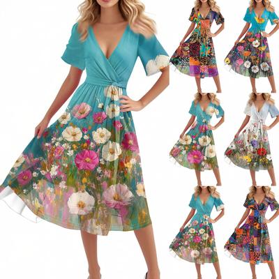 Women's Casual Fashion Flared Skirt V-neck Short-sleeved Floral Print Dress