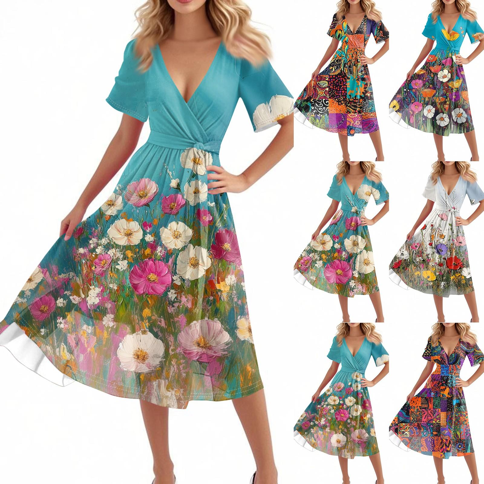 

Women s Casual Fashion Flared Skirt V-neck Short-sleeved Floral Print Dress M білий