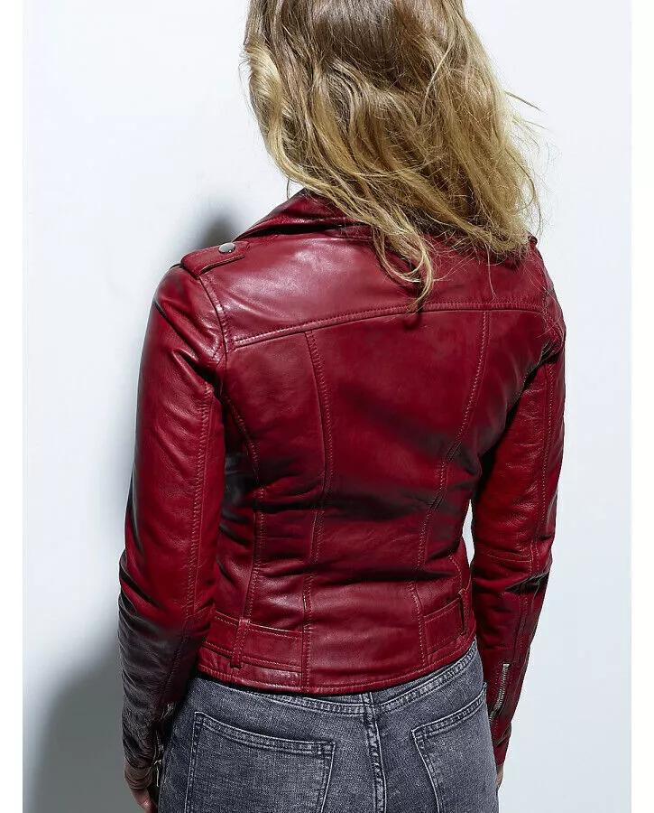 Dámská stylová vínová kožená bunda z měkké jehněčí kůže, motorkářská bunda