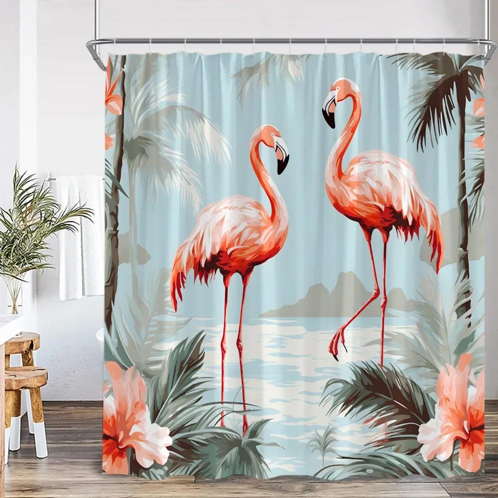 Spring Summer Flamingo Shower Curtain Pink Bird Tropical Leaves Rainforest Jungle Bathroom Decorative Shower Curtain