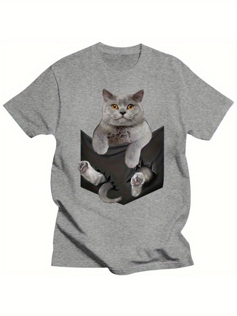 Unisexs Cotton Tshirt British Shorthair Cat Peeks From Pocket Casual Short Sleeved Round Neck Tshirt