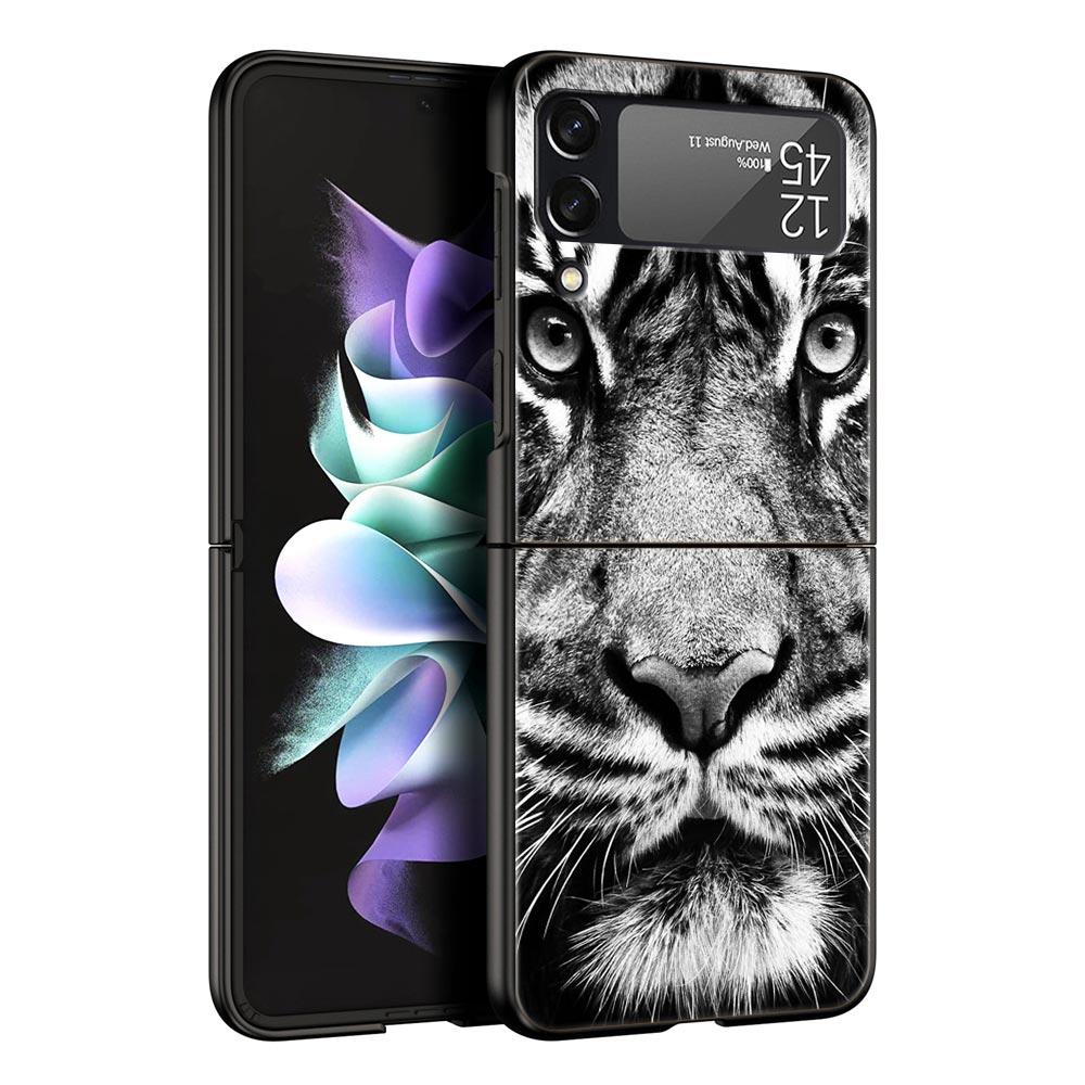 Phone Case for Samsung Galaxy Z Flip 3 4 5 6 7 Folding Black Shell For Samsung Z Flip4 Flip5 PC Hard Cover Animal White Tiger