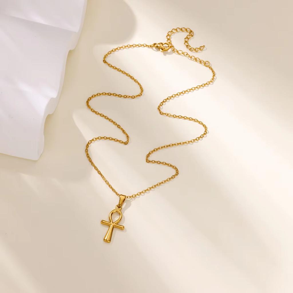 Religion Egyptian Ankh Crucifix Necklaces Gold Color Cross Charm Choker Stainless Steel Symbol of Life Jewelry Gifts Women Men