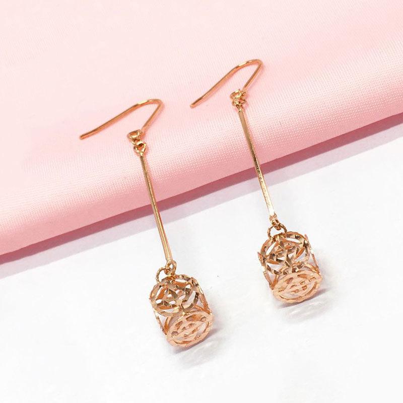 Purple Gold Long Three-Dimensional Hollow Square Earrings, Simple And Fashionable Rose Gold-Plated Ear Hooks