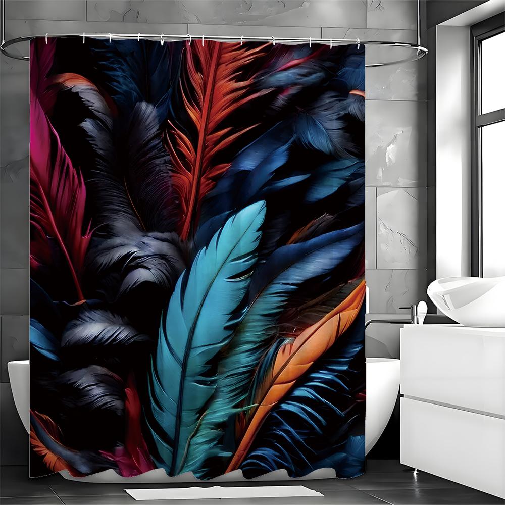 Colorful Feather Shower Curtain On Black Background, Bathroom Decorative Shower Curtain, Waterproof Shower Curtain with Hooks