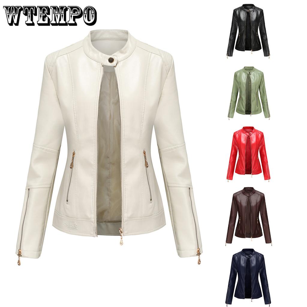Women's Leather Jacket Women's PU Leather Short Jacket Stand Up Collar Jacket Women's Spring and Autumn Thin Leather Jacket Navy Blue Jacket