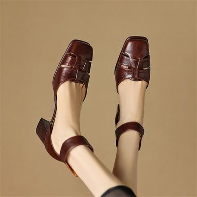 Fashion New Summer Sandals Genuine Leather Sandals Casual French Square Toe Hollow Out GLADIATOR Sandals High Heels Shoes for Women