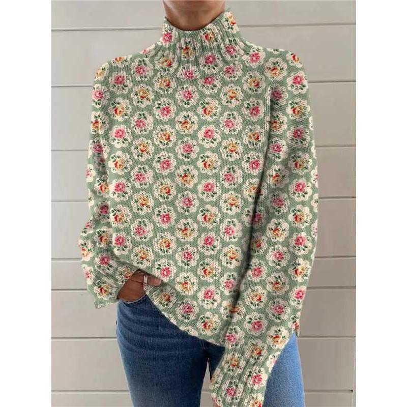 Womens Christmas Print High Neck Sweater Loose Fit Casual Long Sleeve Top
