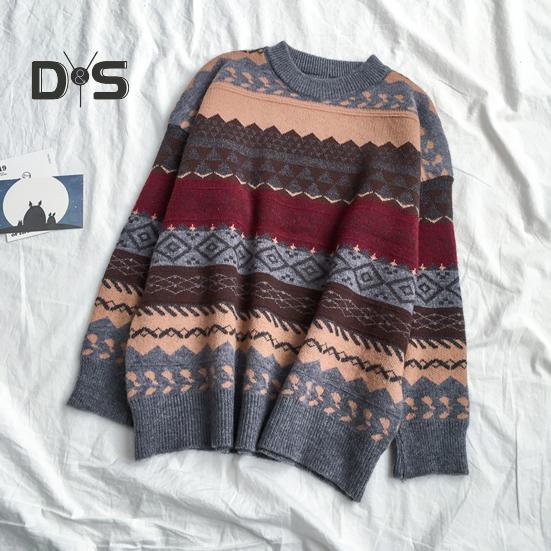 Women Autumn Winter Loose Fit Sweater O Neck Long Sleeve Pullover Tops Striped Print Knitting Jumpers Casual Knitwear