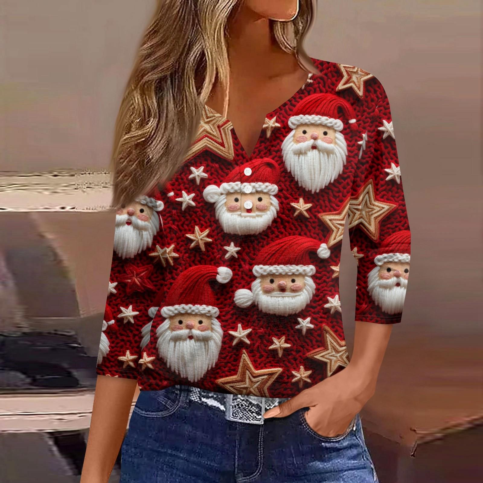 

Жен. Футболка Футболка С принтом Пуговицы Рукав 3/4 Повседневные Выходные Мода Классический Классический V-образный вырез Обычный Верх XXXL винный