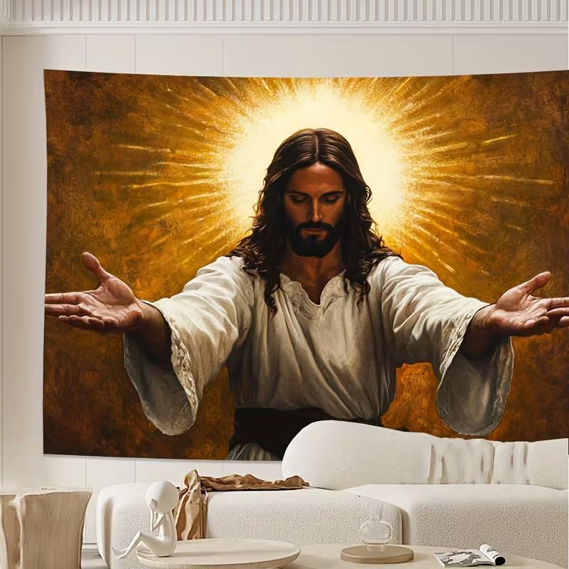 2D Jesus Open Arms Backdrop, Christ with Radiant Halo Photography Background, Christian Religious Banner
