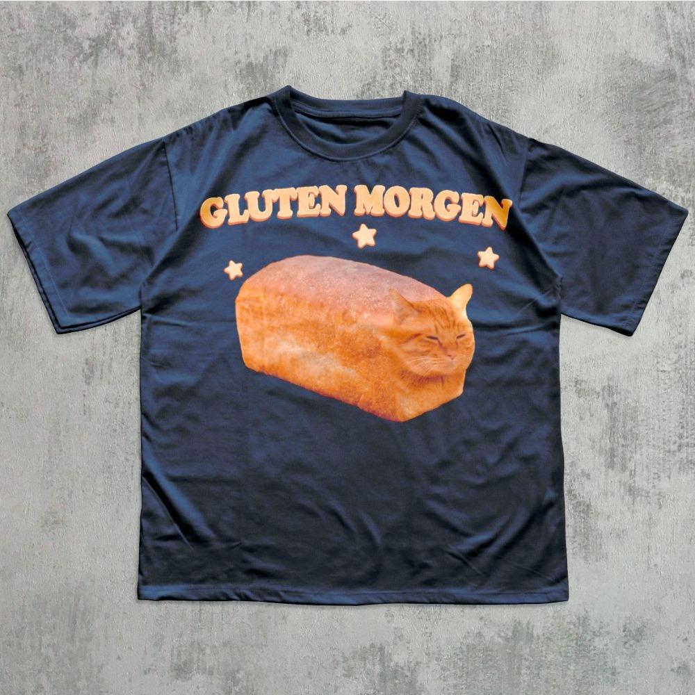 Gluten Morgen Cat TShirt Unisex Funny Bread Cat Meme Graphic Tee Humorous Streetwear Short Sleeve Casual Oversized Top