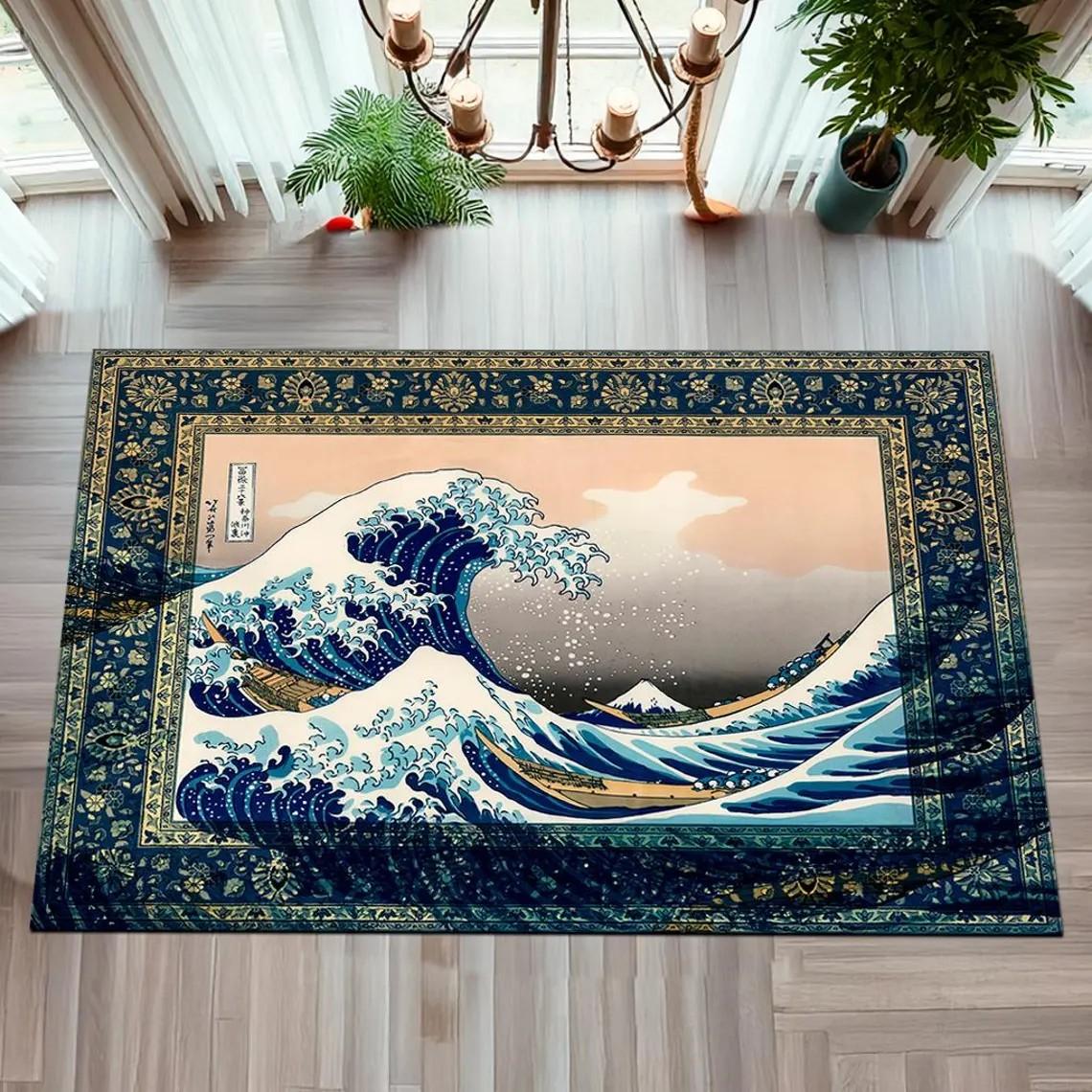 

Japanese Hokusai The Great Wave off Kanagawa Area Rug, Vintage Ukiyo-e Art Carpet for Living Room, Non-Slip Soft Washable Mat 40cm x 60cm