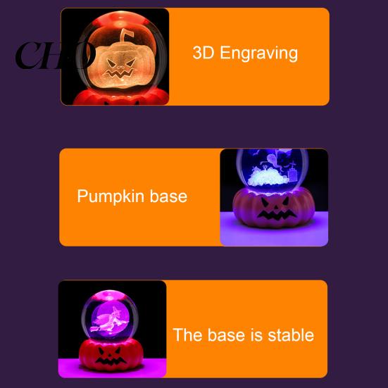 Festive LED Pumpkin Decoration Halloween Crystal Ball Night Light for Kids 3D Charming Decor Lighting with Resin Base Globes Lamp Indoor Bedroom Home
