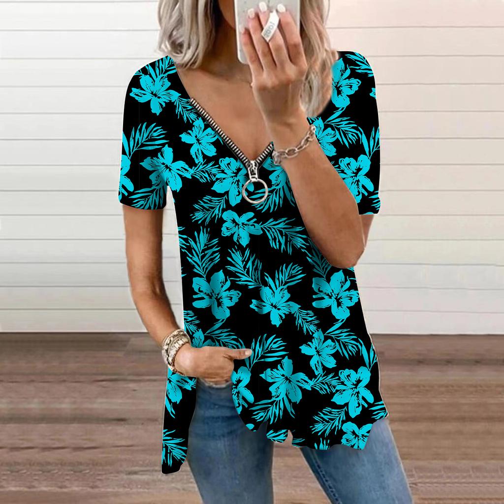 Top de damă Vară Nouă Modă Galben Lămâie Imprimat Casual Fermoar Gât în V Mânecă Scurtă