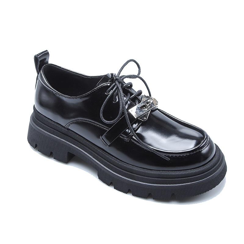 Leather Thick Heel Lock Loafers Platform Sole Lace-Up Small Leather Shoes British Muffin Shoes