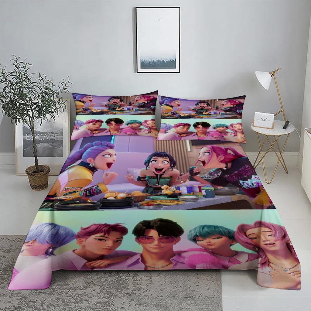 RUMI D-Demon Hunters K-pop Bed Sheet Set 3D Printed Bed Flat Sheet With Pillowcase Bed Linen King Queen Size
